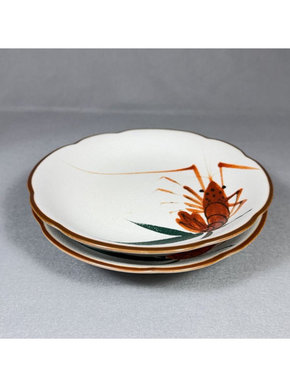 Vintage Lobster Crawfish Small Plates Set of 2 Scalloped Hand Painted Seafood - Picture 3 of 12